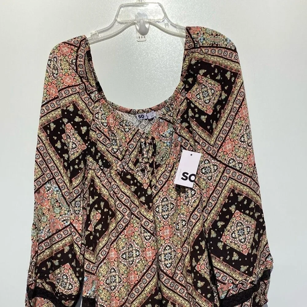 SO Women's Brown‎ Multi Lace Inset Tiered Long Sleeve Babydoll Dress Medium NWT